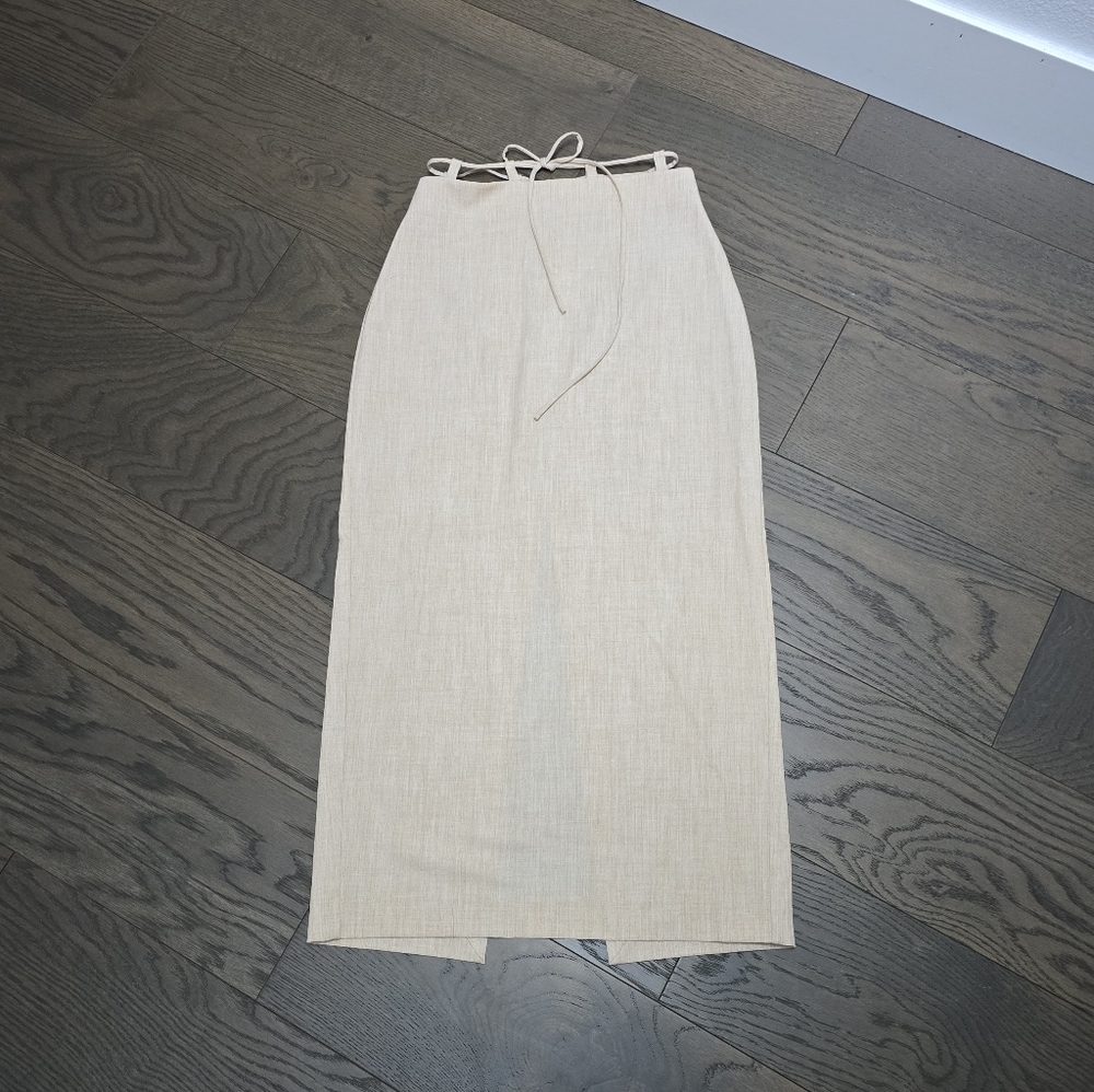 L'Acadmie Slim String Tie High Slit Maxi Skirt in Tan
